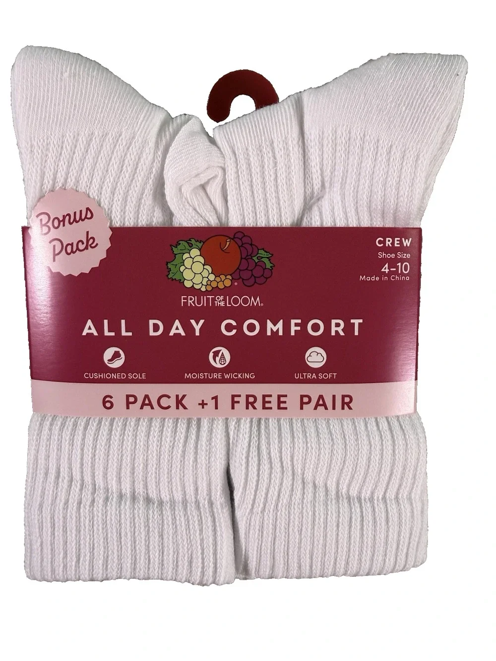 Fruit of the Loom Women's All Day Comfort Crew Socks Size 4-10 White 7 Pairs NWT